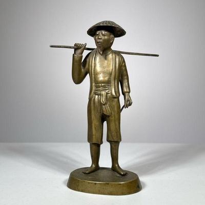 Chinese Brass Statue | Farmer with hat and tools for reaping crops, no apparent markings. - h. 9.5 x w. 4 x d. 6.5 in

