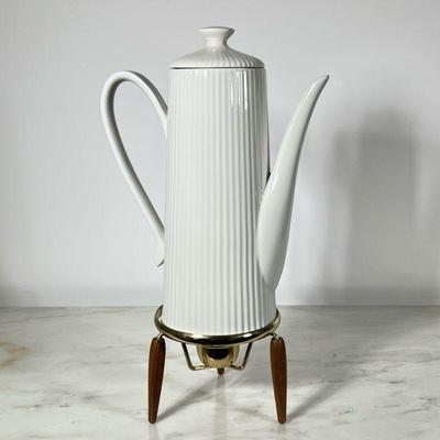(2pc) Mid Century Coffee pot| White tall pot with tripod wooden leg stand with candle warmer. - h. 13.5 x w. 10 x dia. 5.5 in (teapot,...