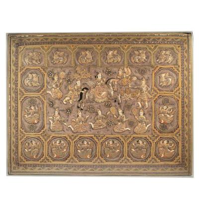 LARGE BURMESE KALAGA TAPESTRY WITH FIGURAL SCENES | This large Burmese Kalaga tapestry features intricate embossed hand-sewn designs...