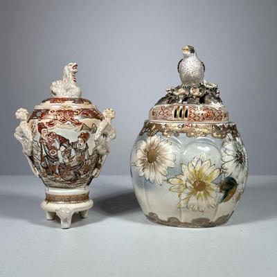 (2pc) Satsuma Jars | Including a lidded jar with bird-form finial, the jar decorated with flowers on a light blue ground and with gilt...
