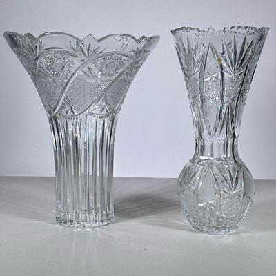 (2pc) Crystal Vases | Two cut crystal vases with star pattern. - h. 12.25 x dia. 9.75 in (Largest)

