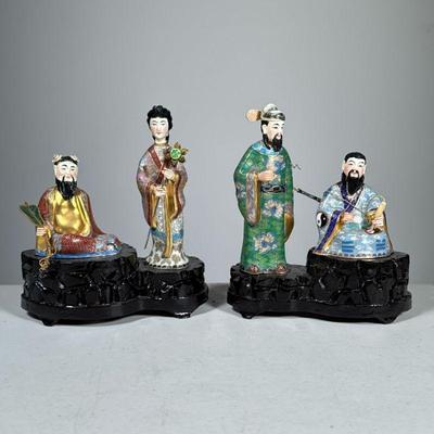 (2pc) Cloisonné Figures | Two sets of two cloisonné and painted bone figures, each mounted on carved wood stands. - h. 6.5 x w. 5.5 in...