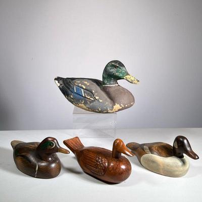 (4pc) SMALL DUCK DECOYS | Lot of 3 carved wood & painted small duck decoys, plus a larger composition decoy; including a John Jeffrey...