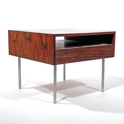 Mid-century Modern Side Table | Danish rosewood end table on chrome legs. - h. 18.75 x w. 23.5 x l. 23.5 in

