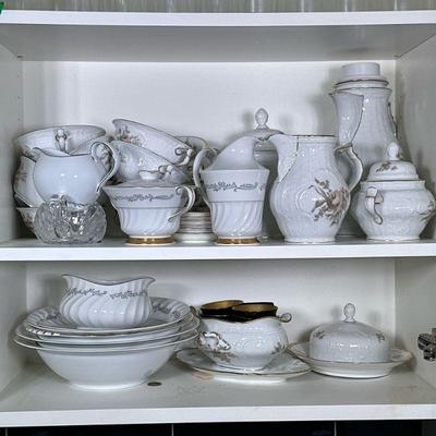 Rosenthal & Other China | Two shelves of Rosenthal Germany Sanssouci china and Meito Fine China, including teacups, coffee pot, open...