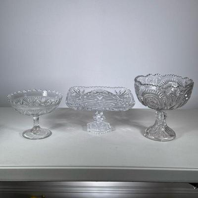 (3pc) Cut Crystal Compotes & Dessert Stand | h. 6 x w. 10.25 x d. 10.25 in (dessert stand)

