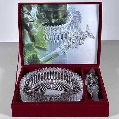 Mikasa Crystal Wine Set | New in red velvet box. Crystal grapes bottle stopper and wine bottle dish. - w. 8 x d. 6.5 in

