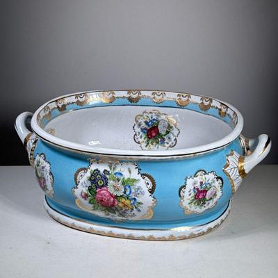 Limoges Porcelain Jardiniere | Double handles, flowers in reserves on a blue ground, marked on the bottom, "Limoges China". -...