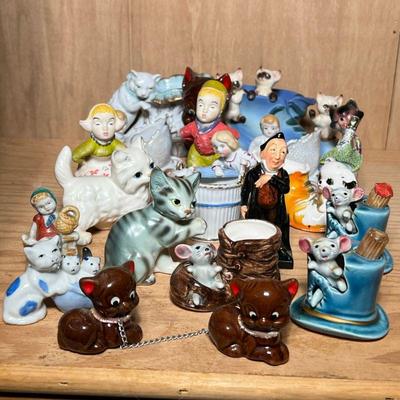 CATS & OTHER CERAMIC FIGURINES | Large lot of mostly ceramic / porcelain cat figurines & human figurines. - h. 4.5 x w. 4 x l....