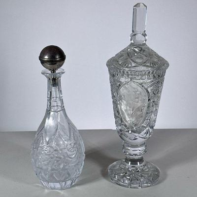 (2pc) Crystal Decanter & Jar | Including a cut crystal sweet meat jar with floral decoration and a rose patterned decanter with...