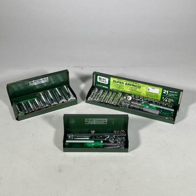 (3pc) S-K TOOLS SOCKET DRIVE SETS | Each in a green enameled metal box, including a 21-piece 1/4" drive socket set, and an 8-piece...