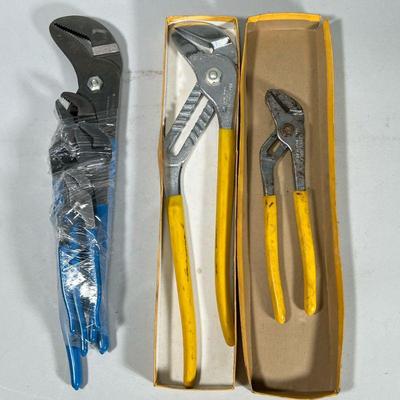 (6pc) Grove Joint Pliers | 4 blue channellocks and 2 yellow. Dimensions: l. 17 in (big blue)

