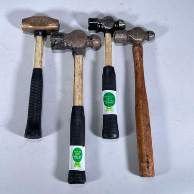 (4pc) BALL PEEN & OTHER HAMMERS | Including: large & small S-K tools ball peen hammers with fiberglass handles, wood-handled ball...