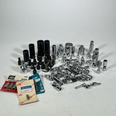 Sockets & others group | Large group of sockets and other tool heads, approx. 90 pieces, including; hex, square, open-ended, Phillips...