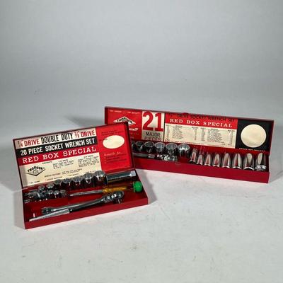 (2pc) THORSEN RED BOX SETS | Including a Red Box Special 20-piece socket wrench set and a 21-piece 3/8" drive socket wrench set,...