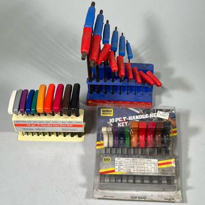 (3pc) Group Of Handle Held Key Sets | Hex key sets. - h. 10 x w. 5.5 x l. 7 in (set in stand)

