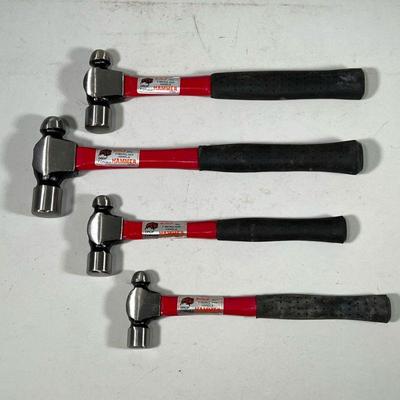 (4pc) Buffalo Hammers | A set of drop forged fiberglass handle hammers, 8 oz, 12 oz, 16 oz, and 24 oz. - h. 14.75 x w. 4.75 in (largest)

