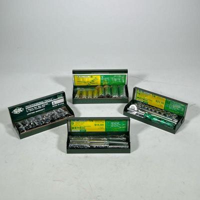 (4pc) [NIB] S-K TOOLS SOCKET SETS | Each in a green enameled box, including three metric sets.

