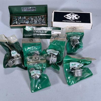 (7pc) NIB S-K TOOLS | Including: 2 New in box 7pc 3/8” Drive Socket Set model Nos. 4607 & 4607M, 2 3/8” Drive Speed Wheel Kit No....
