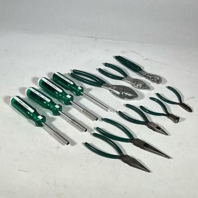 (12pc) S-K USA HAND TOOLS | Including a Chrome Vandium handle phillips head, three magnetic drivers, and various pliers.