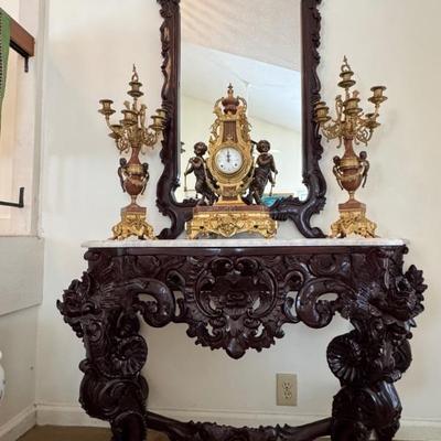 3 piece brass and marble Clock & Candelabra set. Made in Italy 