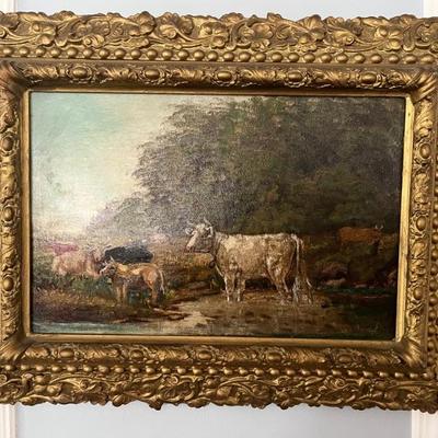 19th century English landscape with cows, oil on canvas