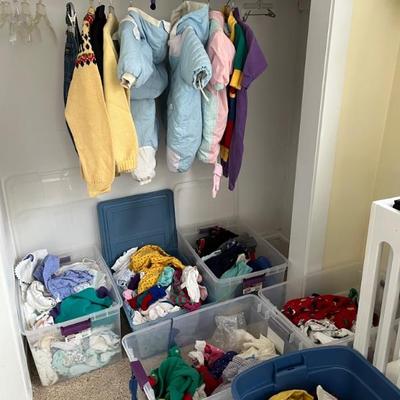 Upstairs: clothing, shoes, lots of nice baby clothes, art and craft supplies, beds, linens, dressers, TVs
