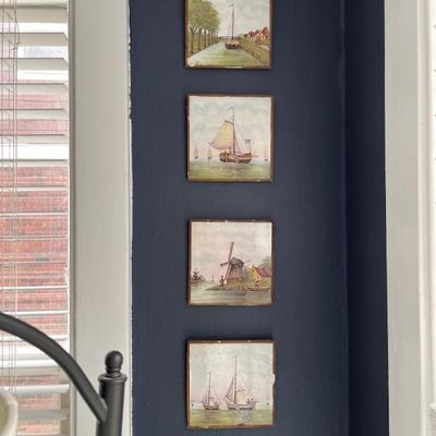 vintage French tiles with scenes of French countryside and boats