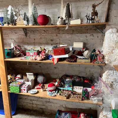 lots of basement stuff: tools, holiday decor, Christmas, Halloween, shelves, wreaths, picture frames, candles, kitchen and more