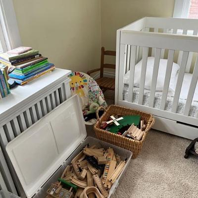 Upstairs: clothing, shoes, lots of nice baby clothes, art and craft supplies, beds, linens, dressers, TVs
