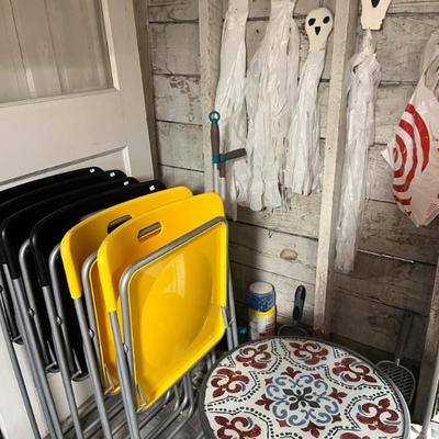 lots of basement stuff: tools, holiday decor, Christmas, Halloween, shelves, wreaths, picture frames, candles, kitchen and more