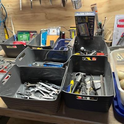 lots of basement stuff: tools, holiday decor, Christmas, Halloween, shelves, wreaths, picture frames, candles, kitchen and more