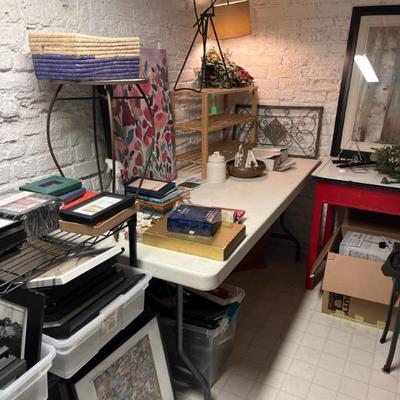 lots of basement stuff: tools, holiday decor, Christmas, Halloween, shelves, wreaths, picture frames, candles, kitchen and more