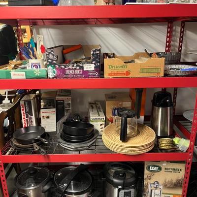 lots of basement stuff: tools, holiday decor, Christmas, Halloween, shelves, wreaths, picture frames, candles, kitchen and more