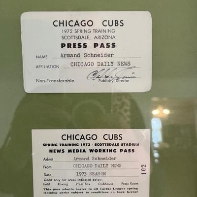 Collection of early 1970s framed Chicago Cubs press passes, Chicago Daily News