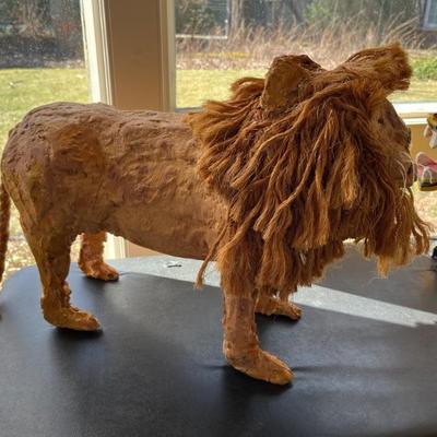 Lion, folk art sculpture by Stuart Novy, wood, plaster, rope and paint