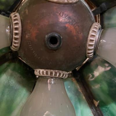 antique Bradley and Hubbard style slag glass pendant light with beautiful bronze overlay and green slag glass, no cracks