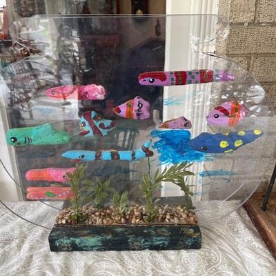Living in a fish bowl, acrylic, paper, papier mache and paint by Stuart Novy, folk art, outsider art