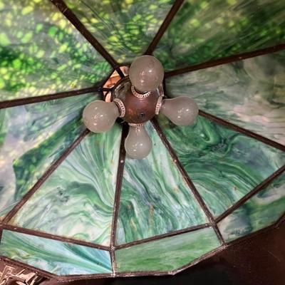antique Bradley and Hubbard style slag glass pendant light with beautiful bronze overlay and green slag glass, no cracks