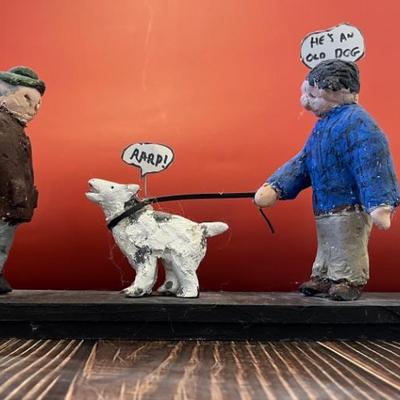 Folk art, outsider art 3D maquette sculpture, inspired by a New Yorker cartoon, by Stuart Novy, found objects, wood and tempura