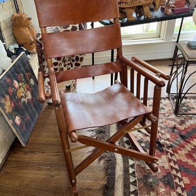 1970s folding campaign rocker with leather from Costa Rica