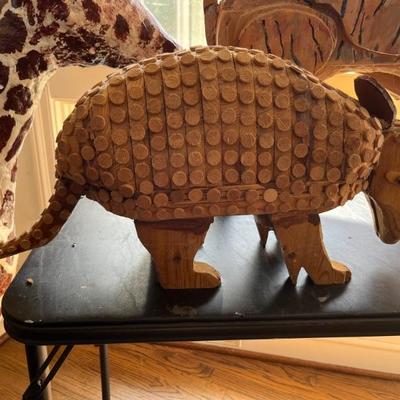 Armadillo, hand carved wooden folk art sculpture, Stuart Novy