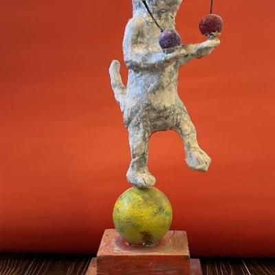 Juggling Circus Dog, folk art sculpture, wood, plater and metal