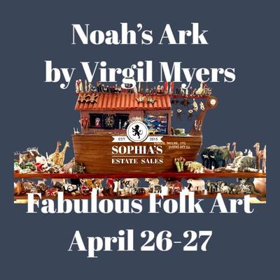 Folk Art Noah’s Ark by Virgil Myers, dated 1995—all handmade with 97 pairs of animals, including kangaroos, crickets, ladybugs,...