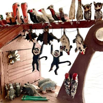 Folk Art Noah’s Ark by Virgil Myers, dated 1995—all handmade with 97 pairs of animals, including kangaroos, crickets, ladybugs,...