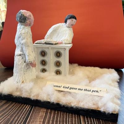 Folk art, outsider art 3D maquette sculpture, inspired by a New Yorker cartoon, by Stuart Novy, found objects, wood and tempura