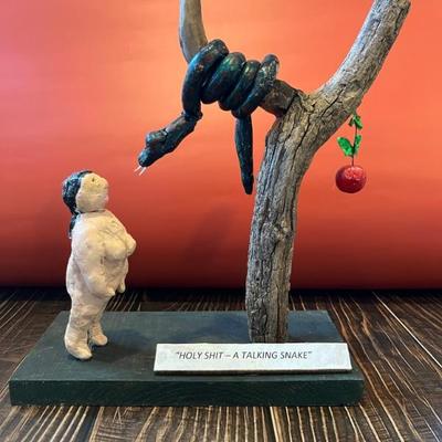 Folk art, outsider art 3D maquette sculpture, inspired by a New Yorker cartoon, by Stuart Novy, found objects, wood and tempura