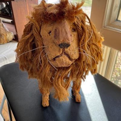 Lion, folk art sculpture by Stuart Novy, wood, plaster, rope and paint