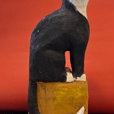 Tuxedo Cat, hand carved wooden folk art sculpture, signed