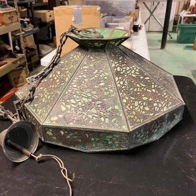 antique Bradley and Hubbard style slag glass pendant light with beautiful bronze overlay and green slag glass, no cracks